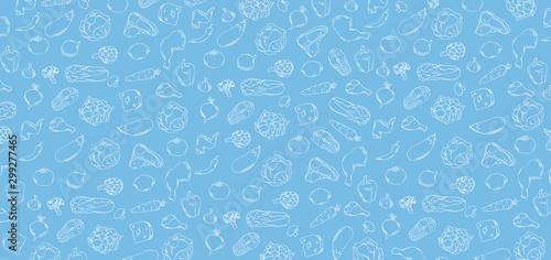 Horizontal blue background with white doodles of food ingredients. Outline sketch of vegetables and fresh meat. Contour texture. Vector illustration.