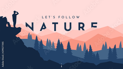 Traveler standing looking on valley. The guy watches nature with backpack and travel walking sticks piled on a rock. Mountains with text behind. Double exposure effect. Vector travel concept banner.