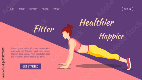 Web page design for Fitness, Sport training, Healthy lifestyle. Women in sportswear doing plank exercise and motivational slogan. Vector illustration for poster, banner, website, placard, flyer.