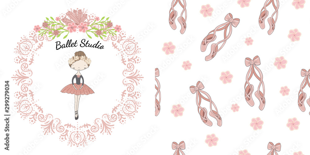 Little cute ballerina princess of the ballet. Decorative circle pink floral frame with crystals  and inscription ballet studio. Decorative seamless pattern with pink ballerina pointe shoes on white.