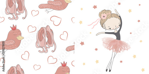 Girl ballerina in pink tutu with a ribbon in her hair dancer under the stars. Pink pointe shoes, heart and bird on white. Decorative seamless pattern on white.
