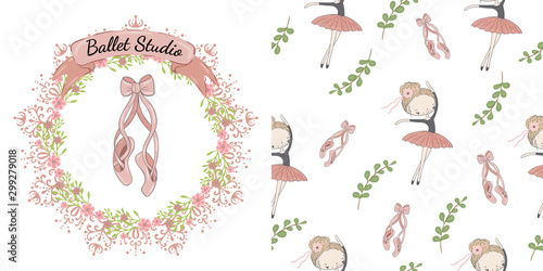 Pink pointe shoes with bow. Decorative circle floral frame with the inscription ballet studio. Pink pointe shoes and ballerina on white. Decorative seamless pattern on white.