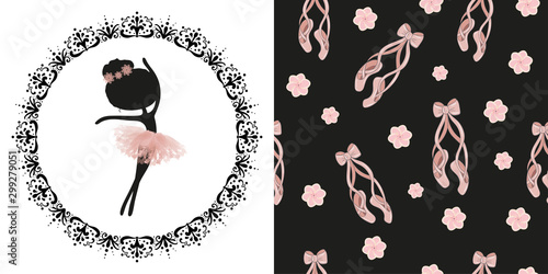 Black silhouette and pink tutu little cute ballerina princess of the ballet. Decorative circle black frame. Can be used as logo. Pink ballerina pointe shoes. Seamless pattern on black background.