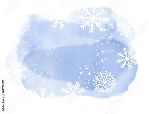 Abstract winter landscape on light blue watercolor spots with snowflakes on white background and copy space.