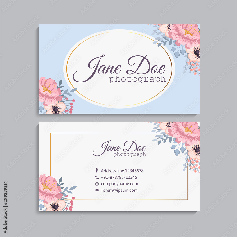 Light blue business card template with pink flowers