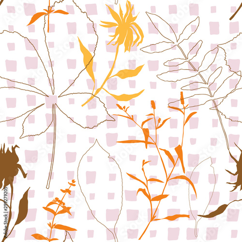 Wild flowers, herbs and leaves vector seamless pattern. Hand drawn florals on abstract background with geometric shapes.