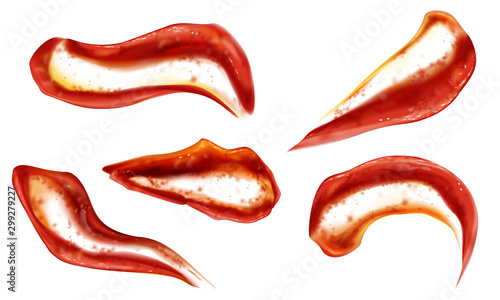 Ketchup splashes set top view, tomato sauce splatter blobs isolated on white background. Liquid chili paste smears, mock up design elements for food ads. Realistic 3d vector illustration, clip art