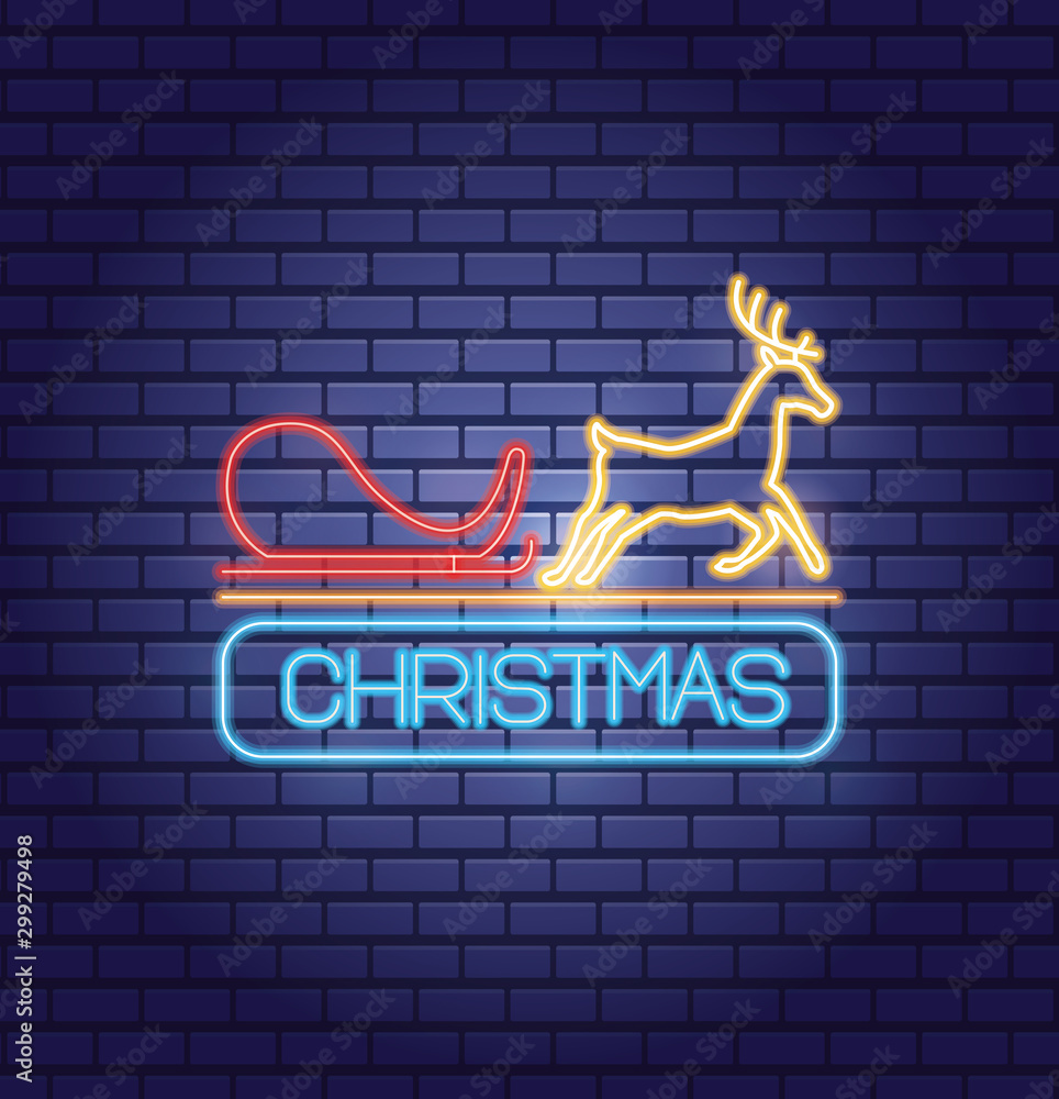 Obraz premium mery christmas reindeer and carriage neon lights