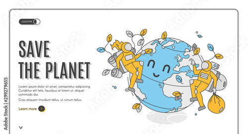 Save the planet isometric landing page, earth day celebration. Astronauts volunteers care of globe cleaning garbage and planting trees. Ecological protection 3d vector web banner template, line art