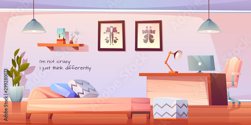 Psychologist, psychotherapist office with stuff and furniture, practitioner cabinet with pc on table, armchair, couch with pillows, rorschach test on wall, lamp and plant. Cartoon vector illustration