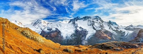 Alpine mountain ridge on border of Switzerland and Italy. Beautiful panoramic mountain landscape. View on Monte Rosa and Gorner Glacier, Zermatt, Canton Valais, Wallis in Switzerland.