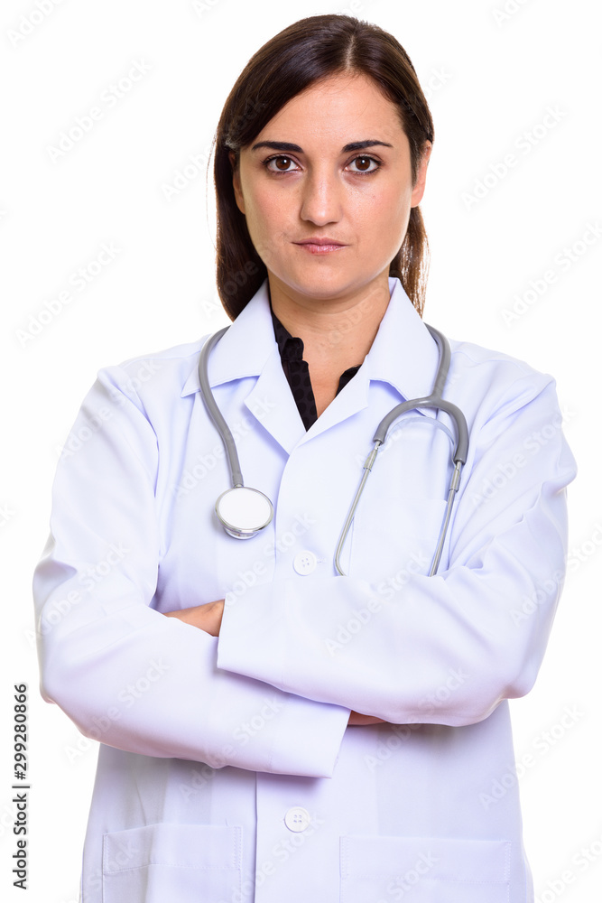 Close up of beautiful woman doctor with arms crossed Close up of beautiful woman doctor with arms crossed