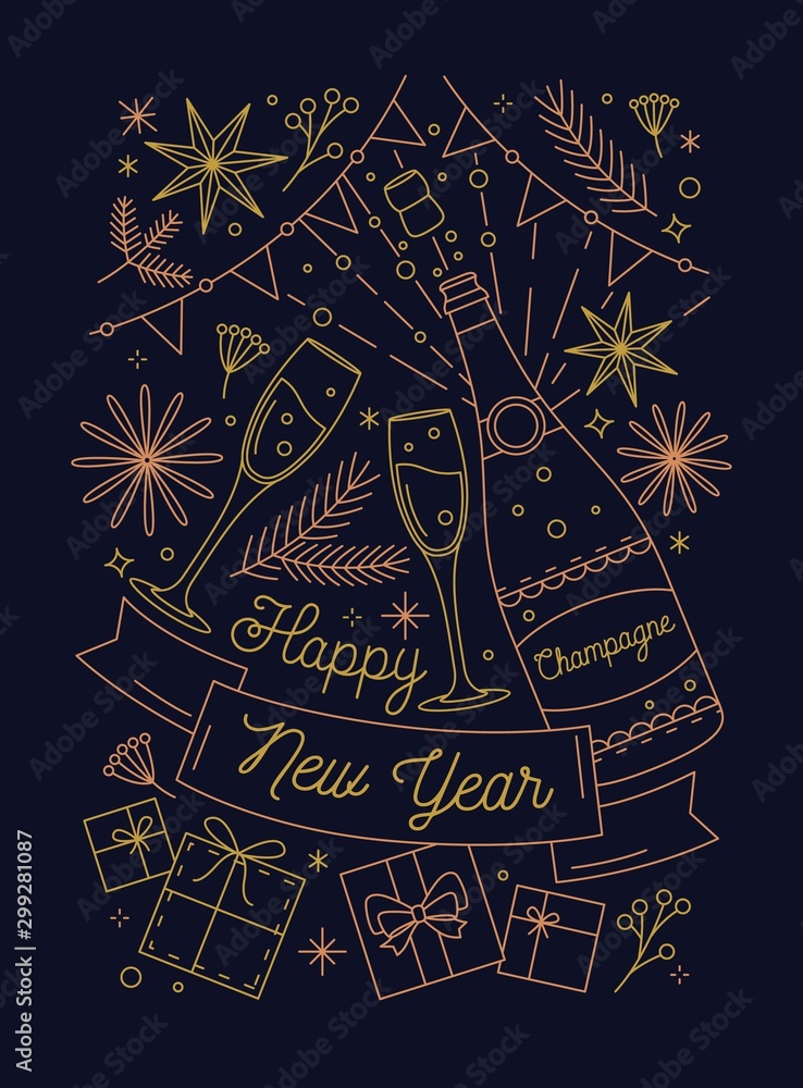 Happy New Year greeting card vector template. Winter holidays congratulation. Festive linear items. Champagne bottle and presents. New Year celebration. Postcard, poster line art design.
