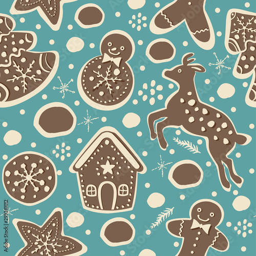 Cute Winter Seamless Pattern with gingerbread cookies.