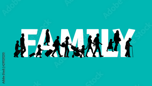 Family word people silhouette symbol black and white