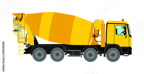 Concrete mixer truck vector illustration isolated on white background. Industrial material transportation. Pouring cement mixer on construction site. Building industrial tool. Heavy industry machine.