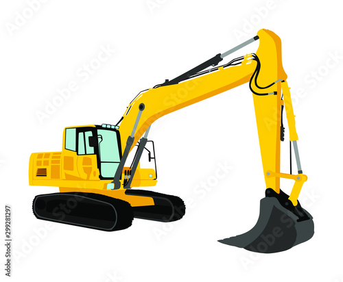 Big bulldozer loader vector isolated on white background. Dusty digger illustration. Excavator dozer for land. Under construction. Industrial building machine bager. Motor grader. Hard work industry.