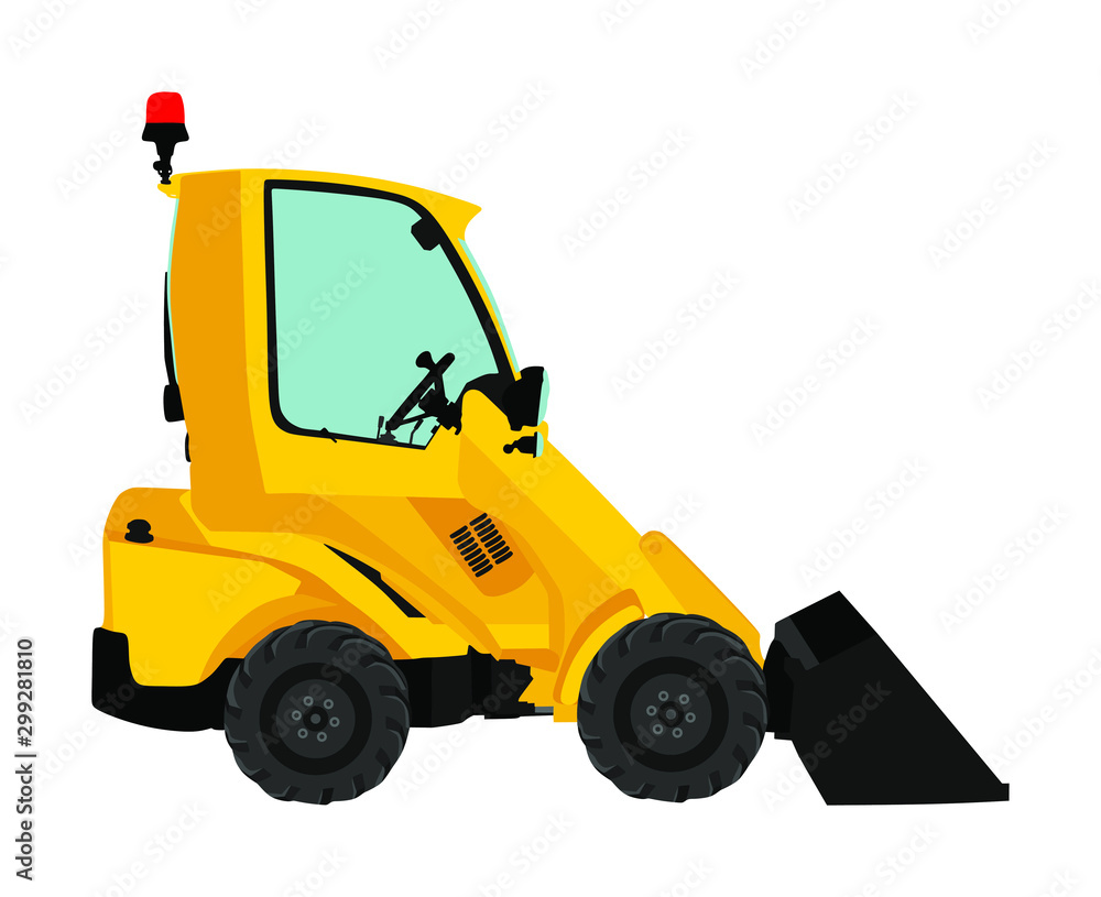 Mini bulldozer, skid loader vector illustration isolated on white background. Digger. Excavator dozer for land. Under construction. Industrial building machine bager. Motor grader. Hard work industry.
