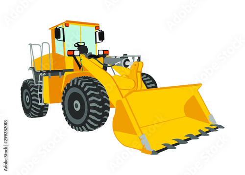Big bulldozer  wheel loader vector isolated on white. Dusty digger illustration. Excavator dozer for land. Under construction. Industrial building machine bager. Motor grader. Hard work industry.