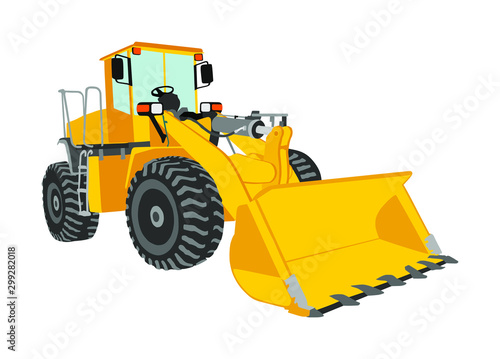 Big bulldozer, wheel loader vector isolated on white. Dusty digger illustration. Excavator dozer for land. Under construction. Industrial building machine bager. Motor grader. Hard work industry.