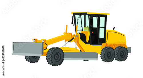 Motor grader. Road grader vector illustration isolated on white. Earth moving machine. Leveling ground on construction site. Asphalt bulldozer truck. 
