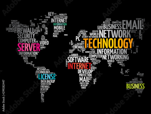Technology word cloud in shape of world map, business concept background