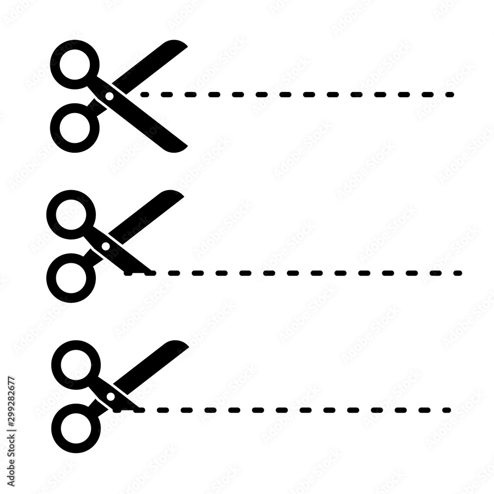 Scissors and dotted or dashed perforation line icon. Cut lines Scissors and dotted or dashed perforation line icon. Cut lines
