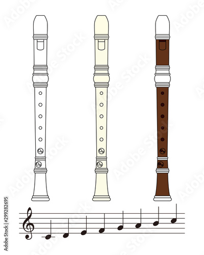 リコーダーと音符のセット ベクター イラスト