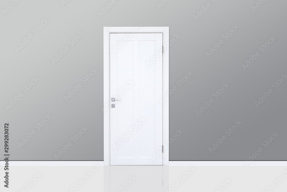 Close up of closed wooden door in the empty room with copy space Close up of closed wooden door in the empty room with copy space