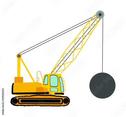 Wrecking ball crane vector illustration isolated on white. Under construction. Industrial building machine for breaking wall. Demolition crane. Heavy industry equipment. Land clearing concept.