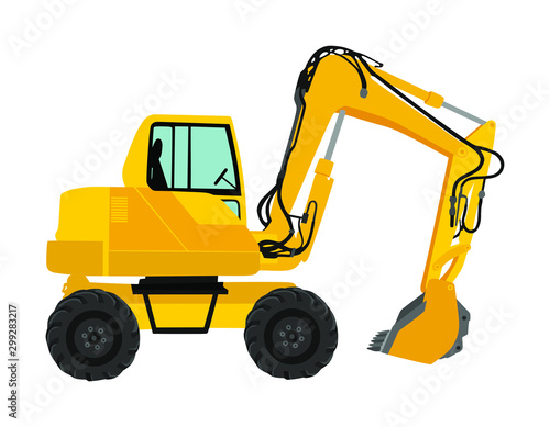 Big bulldozer, wheel loader vector isolated on white. Dusty digger illustration. Excavator dozer for land. Under construction. Industrial building machine bager. Motor grader. Hard work industry.
