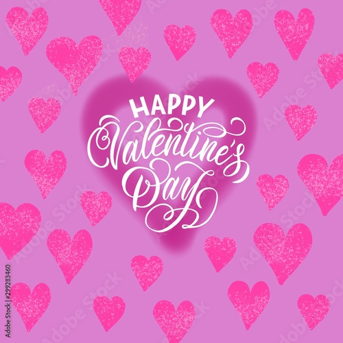 illustration with pink tender hearts  beautiful hand lettering on a bright pink background. cute valentine s day greeting card.