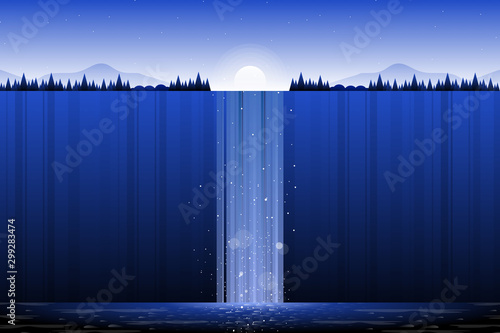 Waterfall landscape with blue sky and hillside illustration