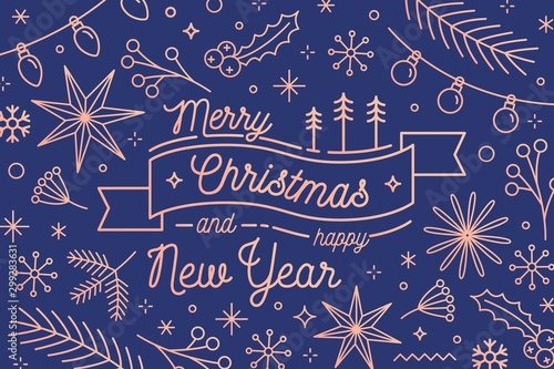 Merry Christmas and Happy New Year greeting card vector template. Traditional festive congratulation. Winter holidays attributes. Fir branches and garlands. Xmas items postcard design.