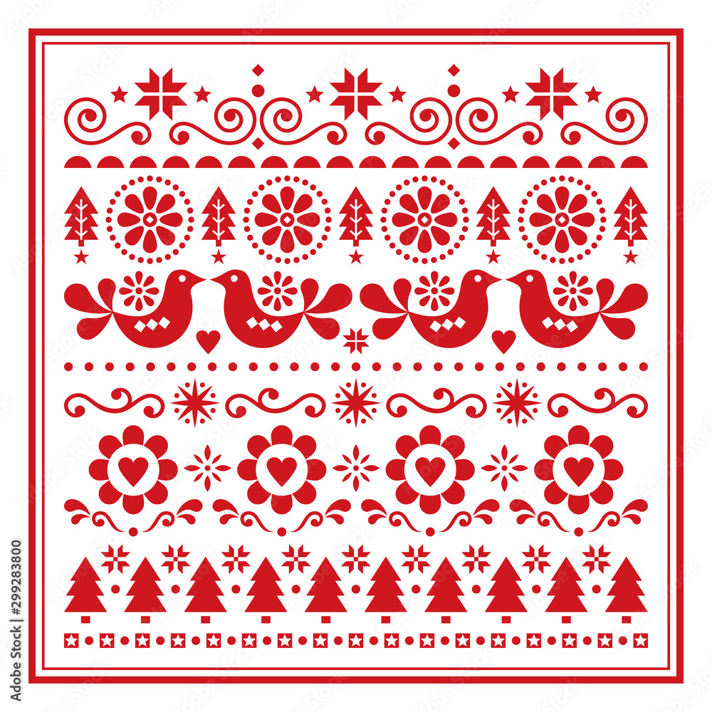Christmas folk art vector greeting card, Scandinavian festive pattern with birds, snowflakes, flowers, Xmas trees in red on white background