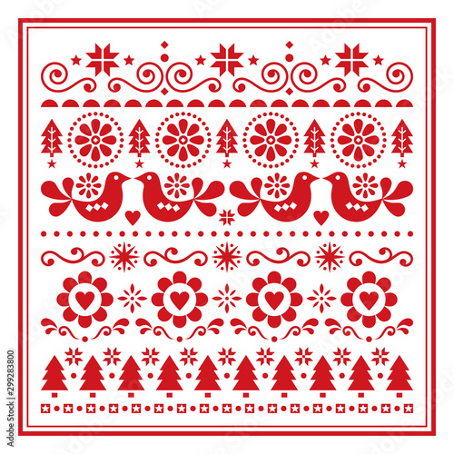 Christmas folk art vector greeting card, Scandinavian festive pattern with birds, snowflakes, flowers, Xmas trees in red on white background