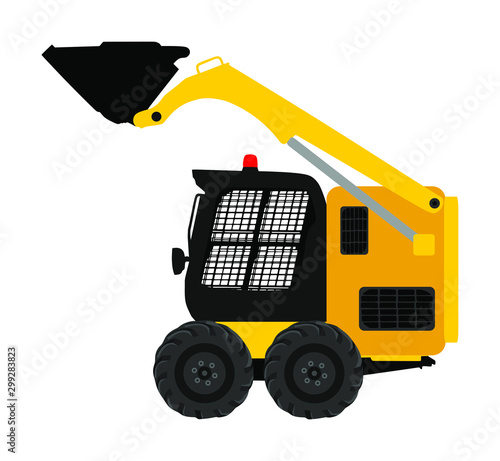 Mini bulldozer, skid loader vector isolated on white background. Digger illustration. Excavator dozer for land. Under construction. Industrial building machine bager. Motor grader. Hard work industry.
