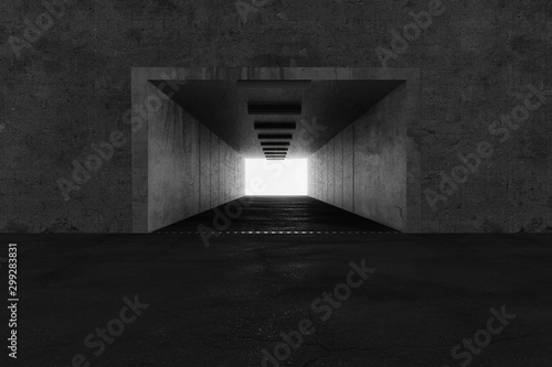 Fototapeta Naklejka Na Ścianę i Meble -  Beton Tunnel mit hellem Licht am Ende. 3D Rendering