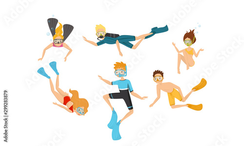 People characters Diving Vector Illustration Set. Deep Plunging Concept