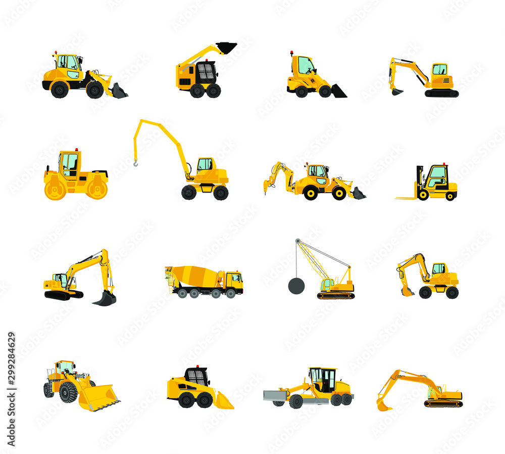 Big set of bulldozer, wheel loader vector isolated on white. Dusty digger, excavator dozer. Under construction. Building machine bager. Motor grader, Forklift cargo car, road roller, asphalt paver Big set of bulldozer, wheel loader vector isolated on white. Dusty digger, excavator dozer. Under construction. Building machine bager. Motor grader, Forklift cargo car, road roller, asphalt paver