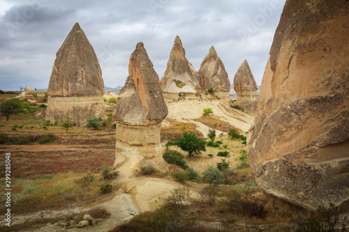 Stone formations in valley and mountains Cappadocia, Turkey