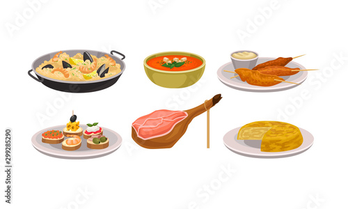 Various Dishes Served in Bowl and Plates Vector Set