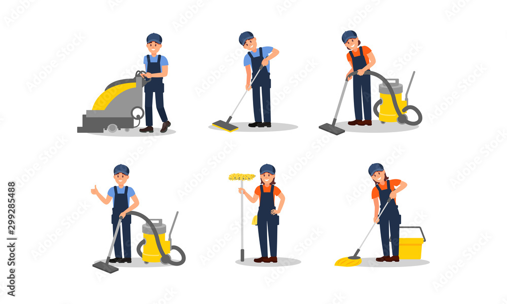 Cleaners Executing Their Work Duties Vector Illustrations Set