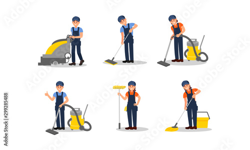 Cleaners Executing Their Work Duties Vector Illustrations Set