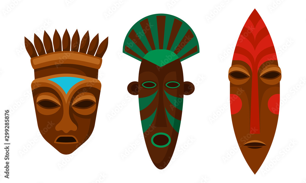 African Ethnic Tribal Masks Vector Set On White Background African Ethnic Tribal Masks Vector Set On White Background