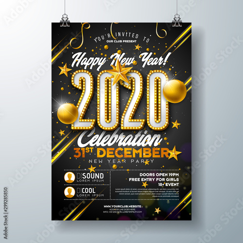 2020 New Year Party Celebration Poster Template Illustration with Lights Bulb Number and Gold Christmas Ball on Black Background. Vector Holiday Premium Invitation Flyer or Promo Banner.