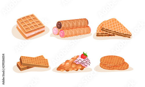 Different Waffles and Wafers Desserts Vector Illustrated Set