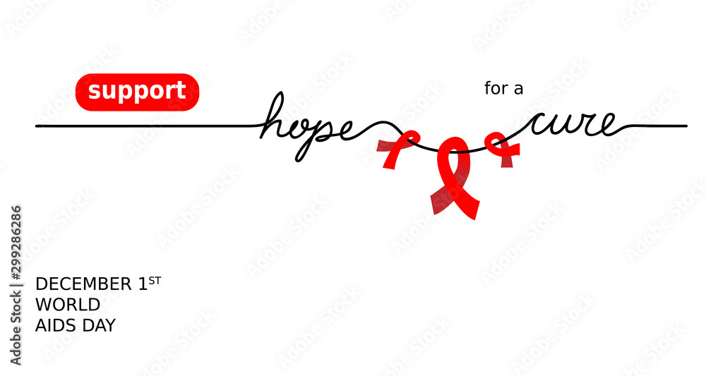 Web banner for aids, hiv recovery support. Support hope for cure vector illustration with red loops and lettering. One line drawing. Web banner for aids, hiv recovery support. Support hope for cure vector illustration with red loops and lettering. One line drawing.