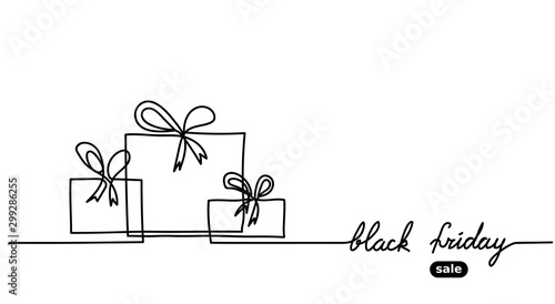 Black friday simple vector banner. One  continuous line drawing with gift, boxes. Mininal Black friday banner.