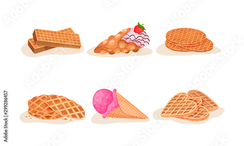 Different Waffles and Wafers Desserts Vector Illustrated Set